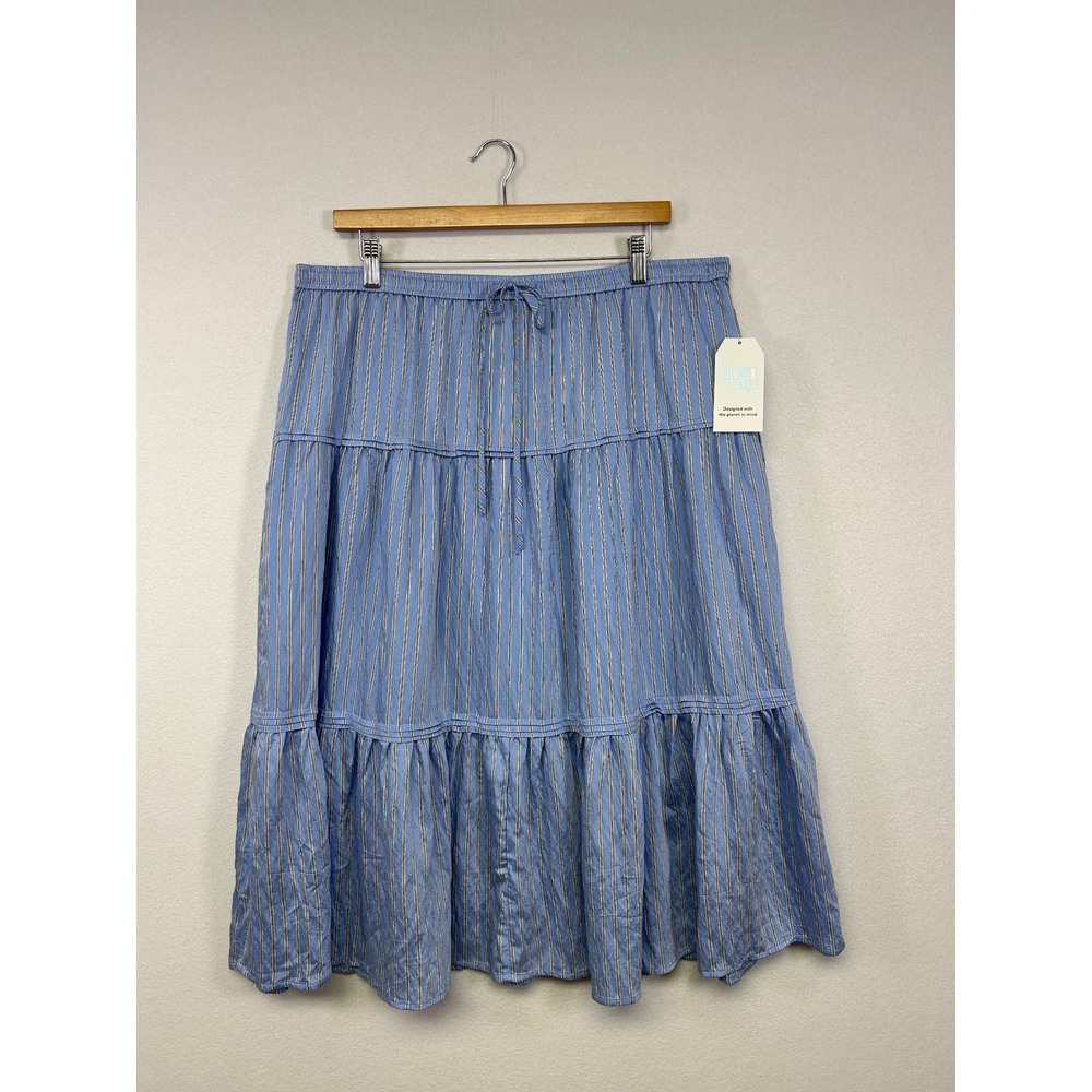 Coastal Boho Time and Tru Womens XL Blue Striped Tiered Midi Skirt‎ NWT